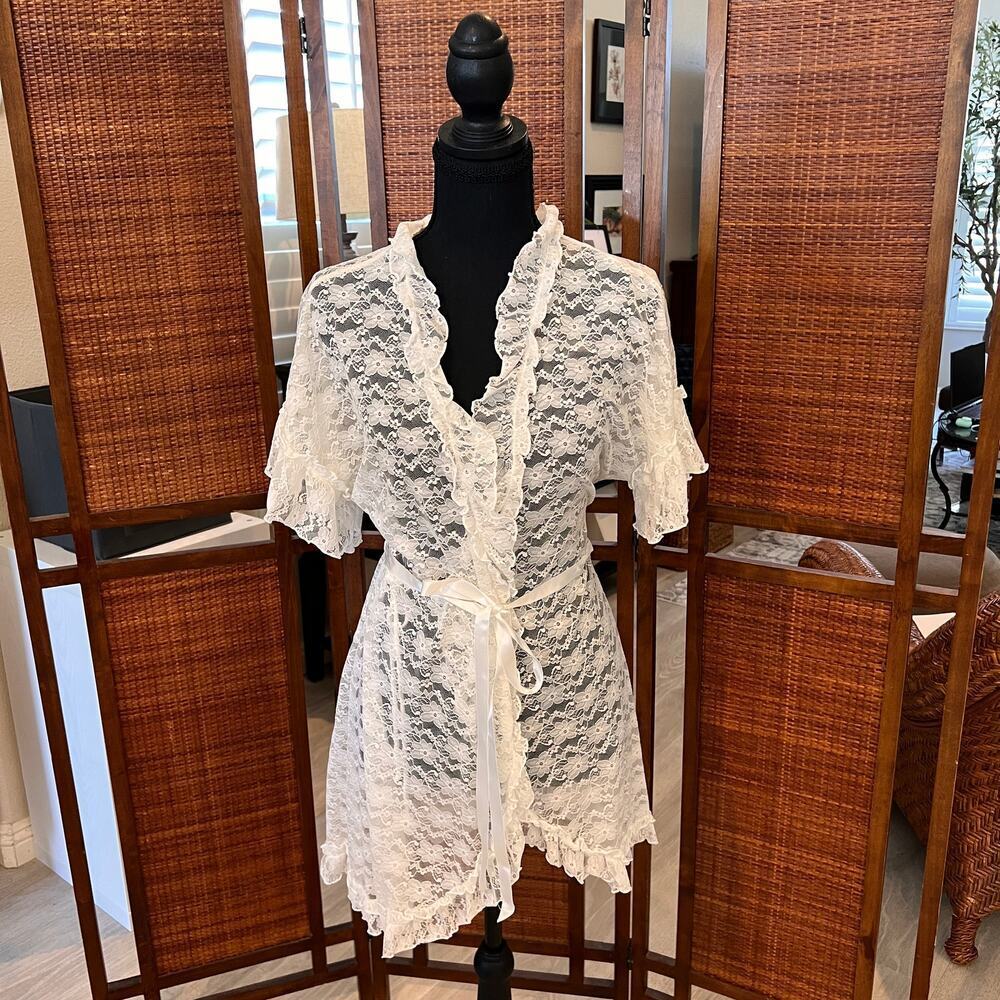 In Bloom by Jonquil Robe Womens Size Small Ivory Retro Lace Wrap Babydoll Floral - Picture 15 of 16